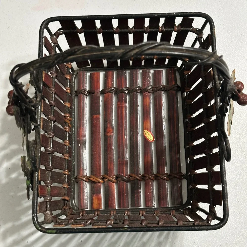 Grape Vine Metal & Bamboo Wood Slat Decorative Basket with Handle Rustic Vintage